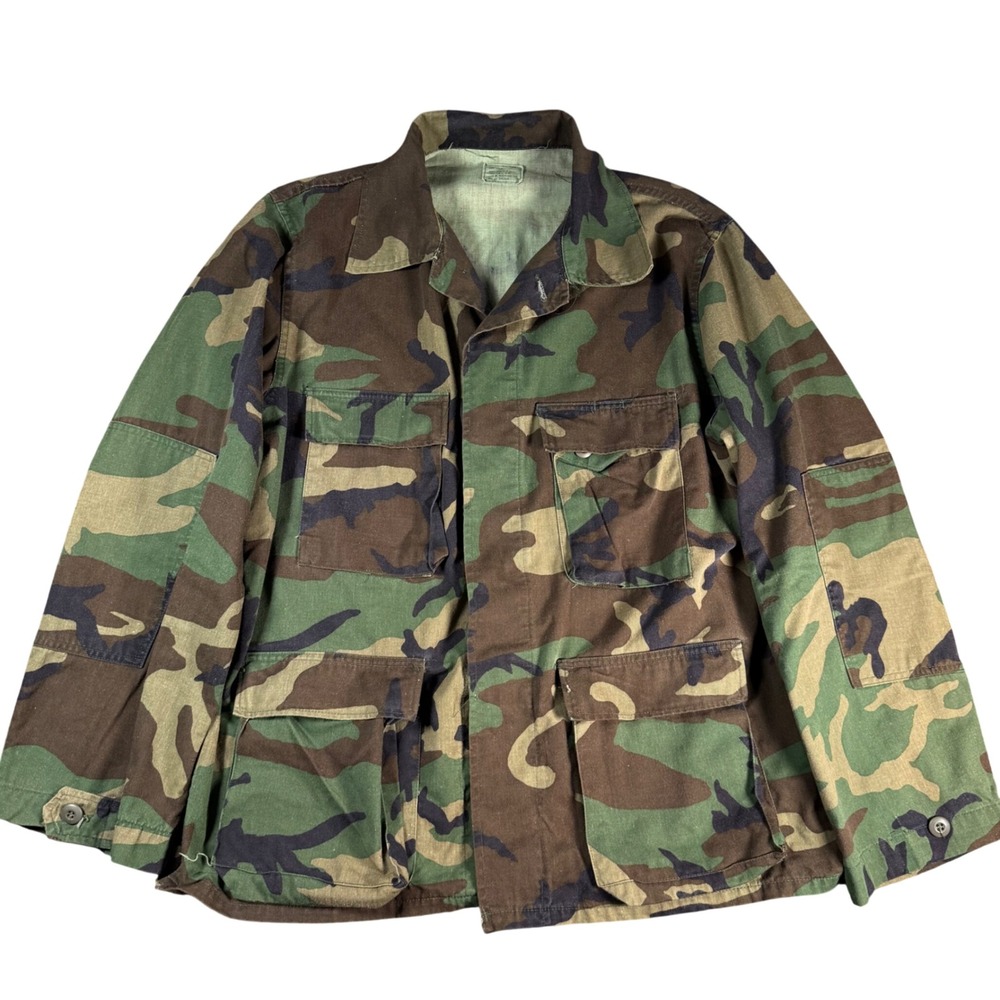Military Woodland Camo BDU Field Jacket Men Large Regular Green Utility Coat VTG
